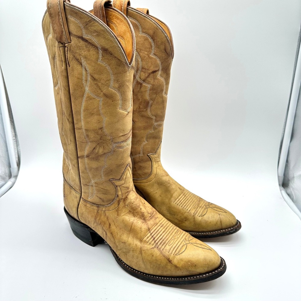 Tony Lama Vintage Tan Leather Western Cowboy Boots Distressed Tall Stitched 6C